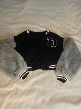 Girls' Black Varsity Jacket with Gray Faux-Fur Sleeves Size S.